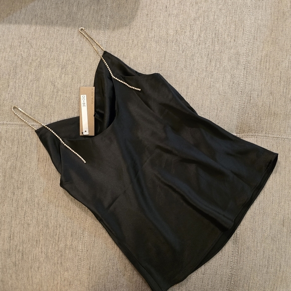 Do+Be Cowl Neck with Rhinestone Straps, Satin Rich Black Top Sz Small - Picture 4 of 7